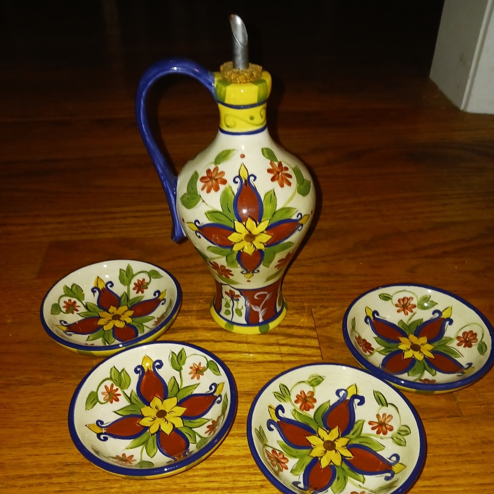 Pier 1 Multicolor Ceramic Oil Bottle and Dish Set
